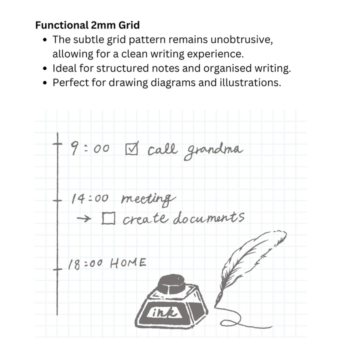 Notebook with 2mm grid paper, featuring handwritten notes and sketches.