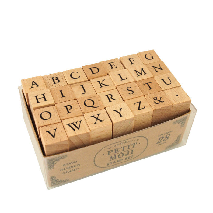 Kodomo No Kao Petit Moji Stamp Set – Large Uppercase Alphabet in a PET case, featuring a classic serif typeface (A–Z, ampersand &, period).