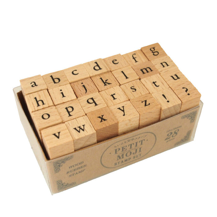 Kodomo No Kao Petit Moji Stamp Set – Large Lowercase Alphabet in a PET case, showcasing a clean sans-serif typeface (a–z, ampersand &, punctuation !, ?).