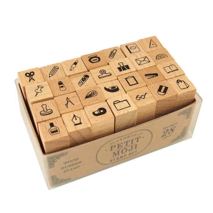 Kodomo No Kao Petit Moji Stamp Set – Large Stationery Icon Set in a PET case, featuring 28 stationery-themed icons such as pens, paperclips, and envelopes.