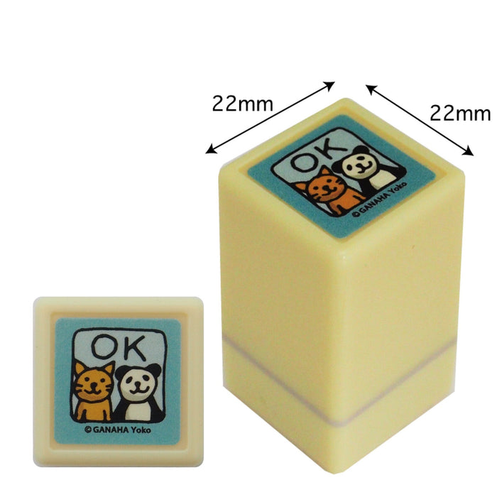 Blue self-inking stamp featuring a cat and panda with "OK" text.