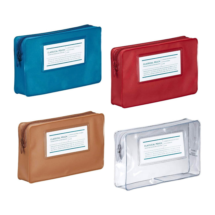 Kokuyo Classical pen pouch in blue, red, brown and clear colour options.