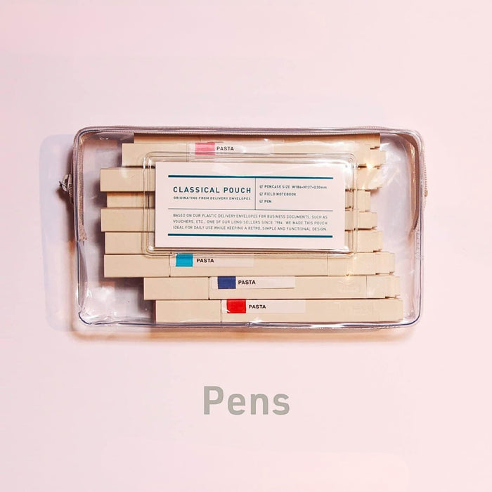 Kokuyo Classical pen pouch holding pens and stationery neatly arranged inside.