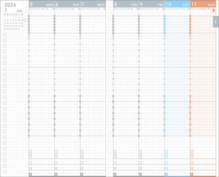 Weekly planner pages in Kokuyo Jibun Techo 2026 A5 Slim Diary Refill, designed for structured scheduling.