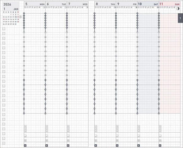 Weekly planner pages in Kokuyo Jibun Techo Biz 2026 A5 Slim Diary Refill, structured columns for detailed scheduling.