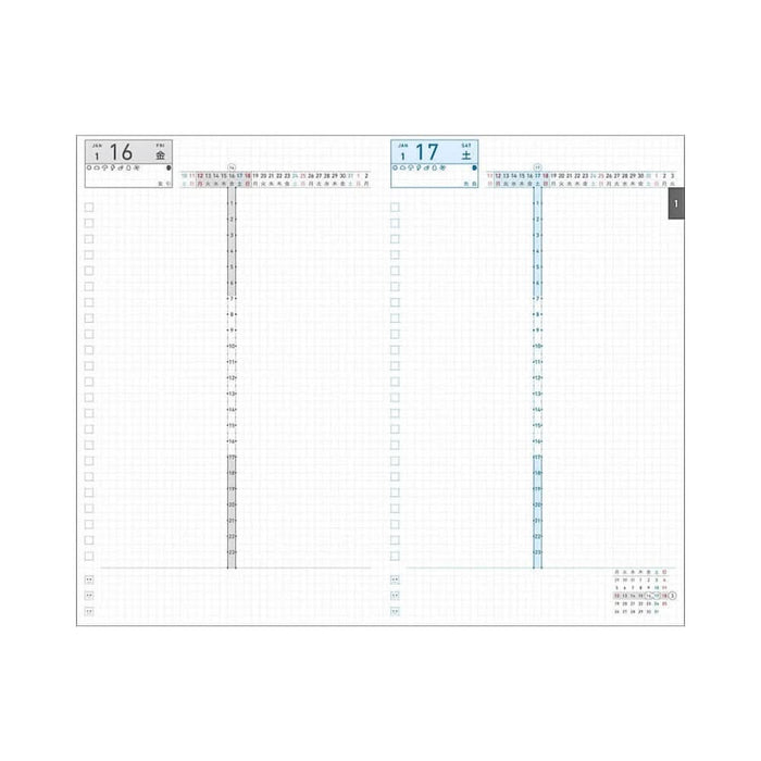 Weekly planner pages in Kokuyo Jibun Techo DAYs Mini 2026 B6 Slim Grey, structured columns for daily scheduling.