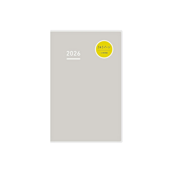 Front cover of Kokuyo Jibun Techo DAYs Mini 2026 B6 Slim in grey with minimalist design and yellow sticker detail.