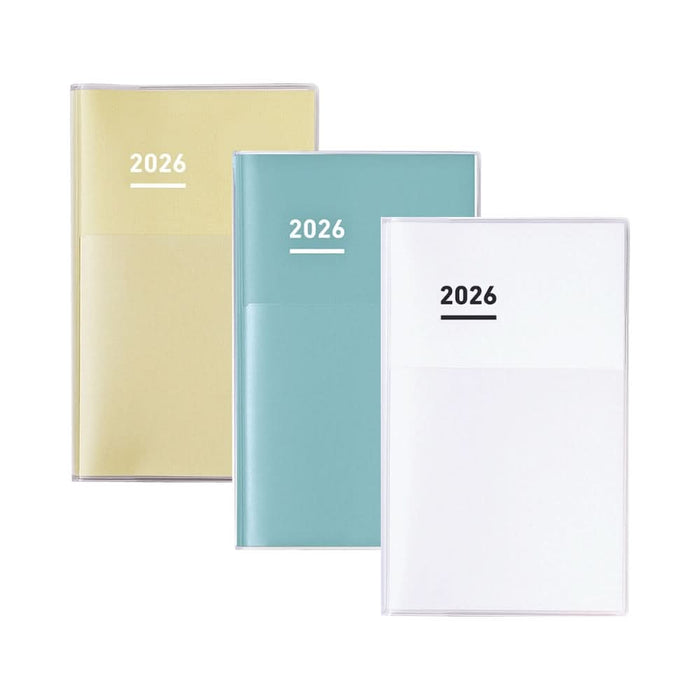 Covers of Kokuyo Jibun Techo Diary 2026 A5 Slim Planner in pastel yellow, aqua blue, and white minimalist designs.