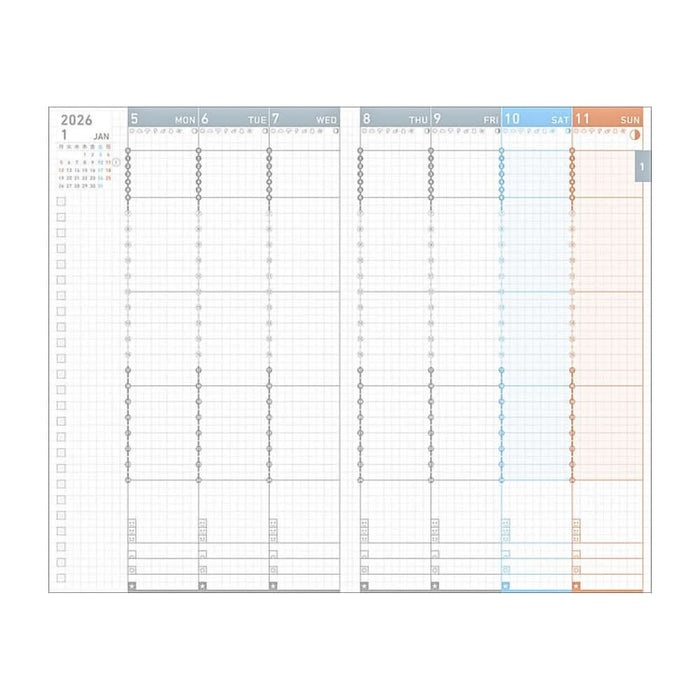 Weekly planner pages in Kokuyo Jibun Techo Mini Diary 2026 B6 Slim Planner showing structured scheduling columns.