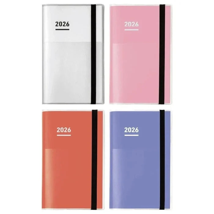 Covers of Kokuyo Jibun Techo First Kit 2026 A5 Slim [DIARY + LIFE + IDEA] in assorted colours including white, pink, red, and purple, arranged in a grid layout.
