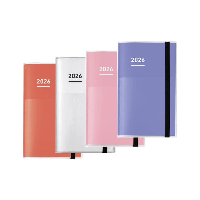 Covers of Kokuyo Jibun Techo First Kit Mini 2026 B6 Slim in assorted colours, including red, pink, white, purple, and navy.
