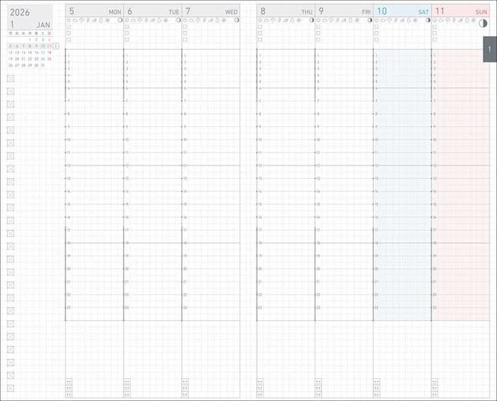 Weekly planner spread from Kokuyo Jibun Techo Lite 2026 Mini B6 Slim Diary, slim columns for scheduling.