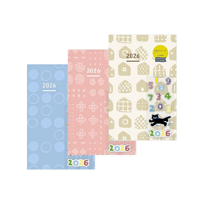 Covers of Kokuyo Jibun Techo Mini DAYs 2026 B6 Slim Planner SOUSOU Limited Edition in pastel designs with cat motif.