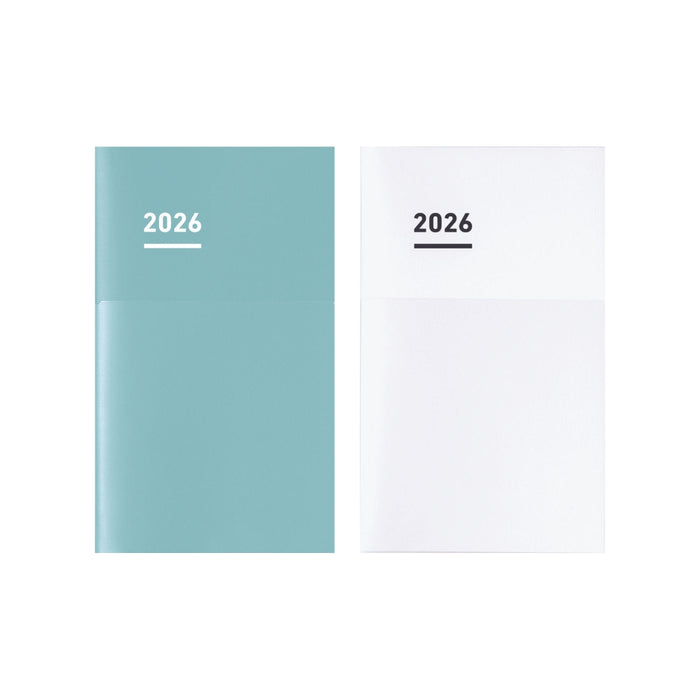 Covers of Kokuyo Jibun Techo Mini Diary 2026 B6 Slim Planner in aqua blue and white minimalist designs.