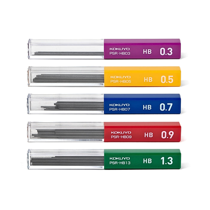 Kokuyo mechanical pencil lead refills multipack showing different sizes and colours for HB, B, and 2B leads.