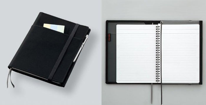 Kokuyo Systemic Cover Notebook Semi B5 Black displaying its interior storage for documents.