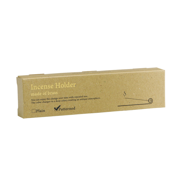Kousaido Brass Long Incense Dish -Patterned packaging displayed on a white background.