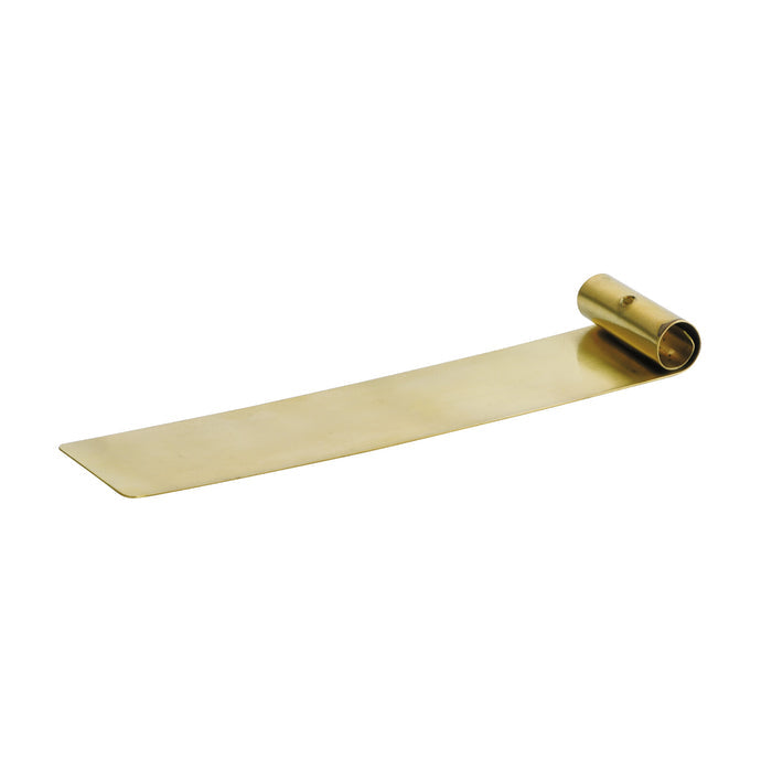 Brass long incense dish shown from a side angle with the curled holder at one end.