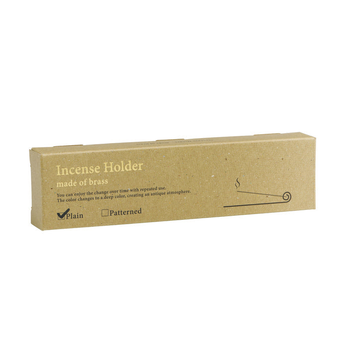 Kousaido Brass Long Incense Dish boxed packaging photographed from the front.