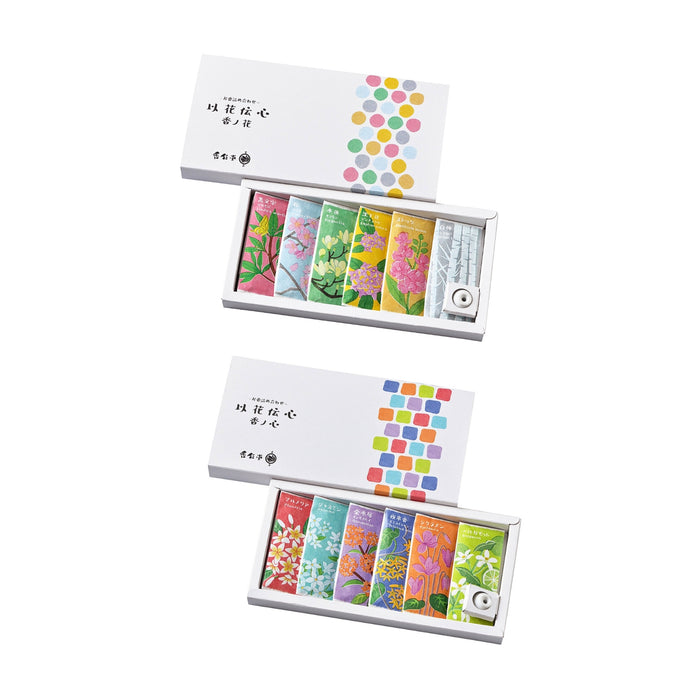 Kousaido Ika-Denshin Japanese incense assortment with six fragrances and ceramic incense stand.