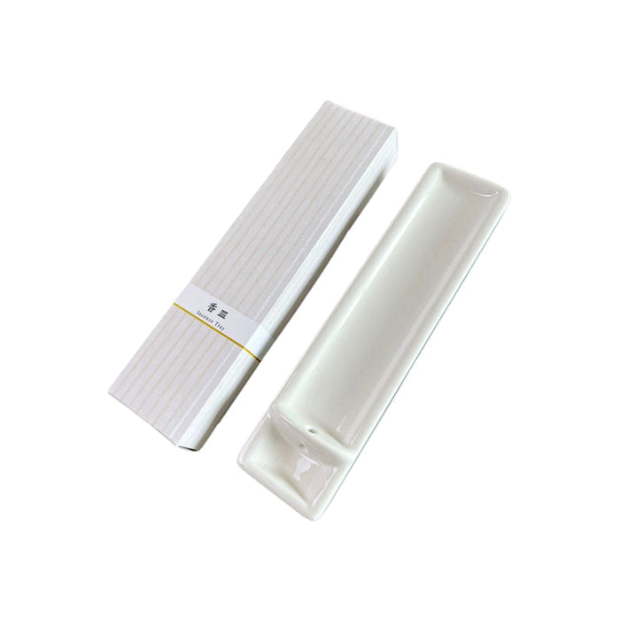Milky white ceramic long incense dish by Kousaido with matching cover, shown closed and open.