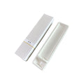 Milky white ceramic long incense dish by Kousaido with matching cover, shown closed and open.