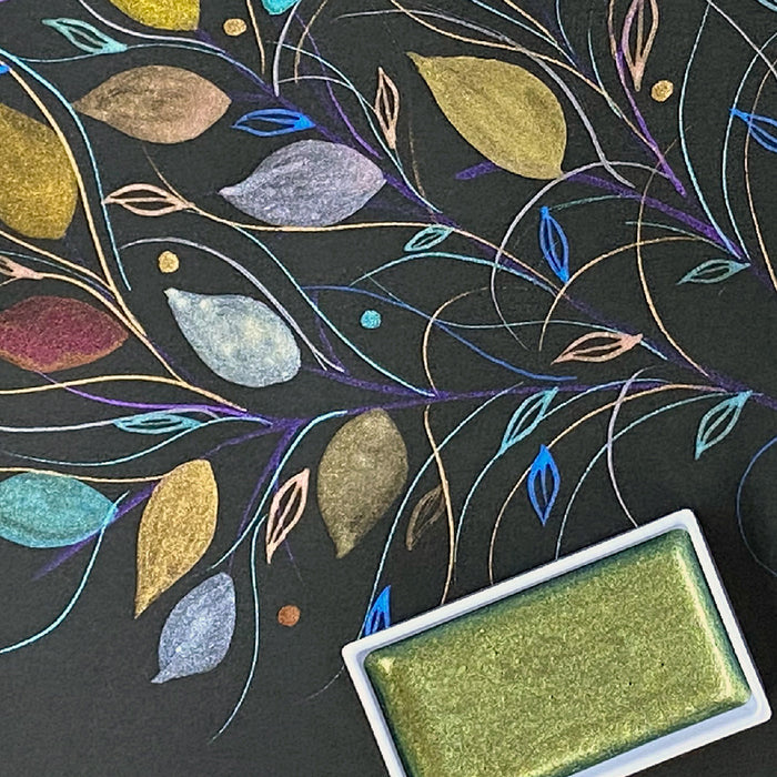 Painted leaves artwork created with Kuretake Gansai Tambi metallic watercolour paints.