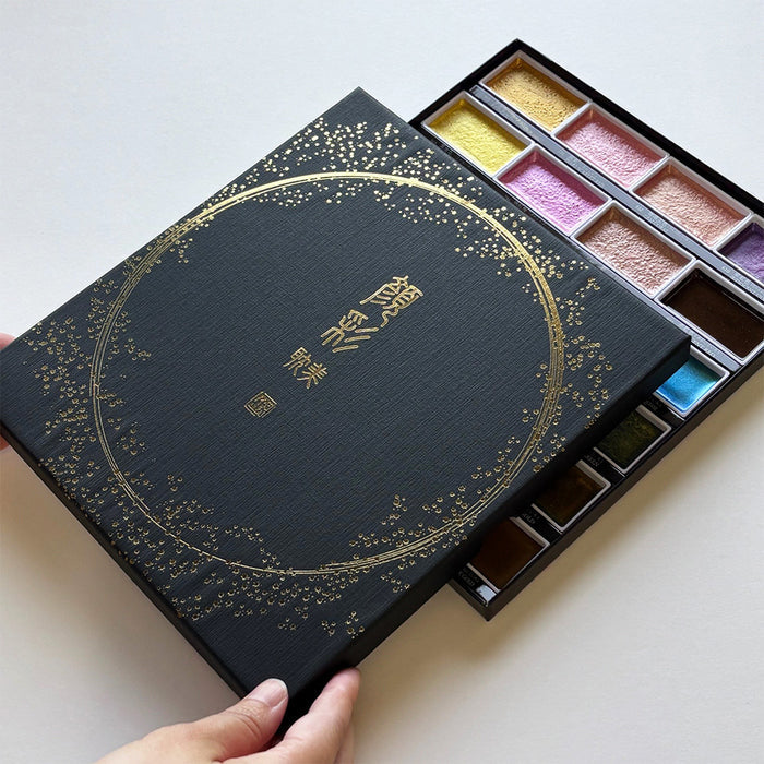 Closed Kuretake Gansai Tambi metallic colours watercolour paint set of 24 with black box.