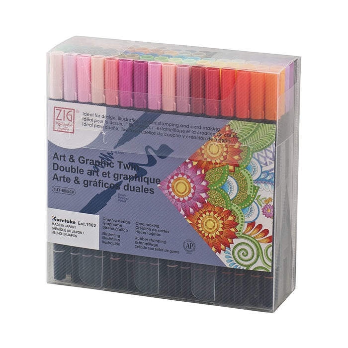 Kuretake ZIG Art & Graphic Twin Marker 80 colours set shown in clear storage case.