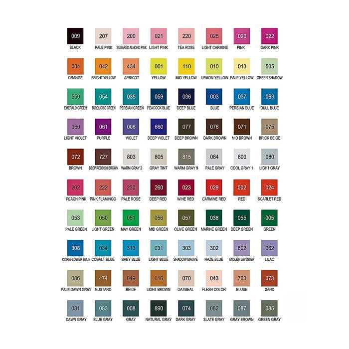Colour chart displaying all 80 shades included in the Kuretake ZIG Art & Graphic Twin Marker set.
