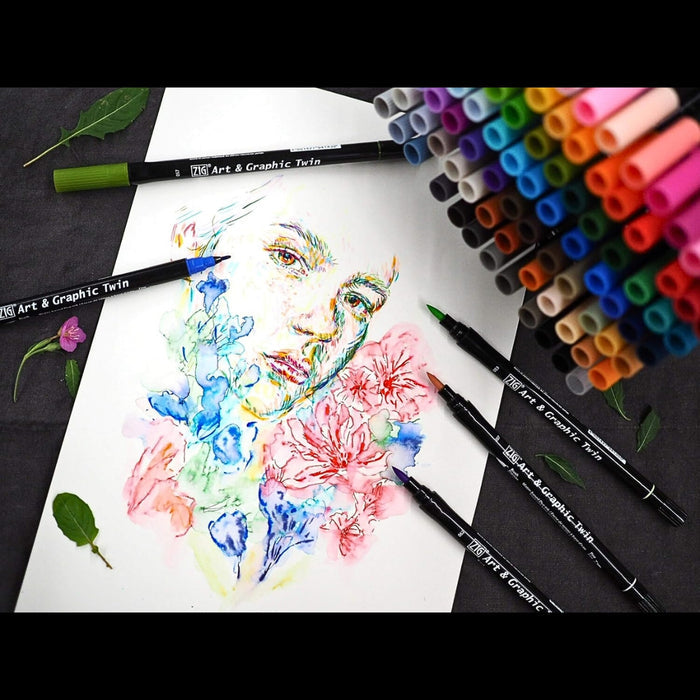 Finished colourful artwork created using Kuretake ZIG Art & Graphic Twin Markers from the 80 colours set.