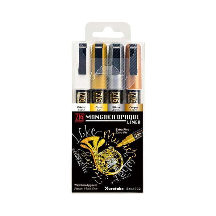 Kuretake ZIG Cartoonist Mangaka Opaque Liner 4 colour set in retail packaging.