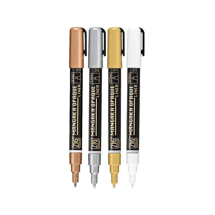 Kuretake ZIG Cartoonist Mangaka Opaque Liner pens showing white, gold, silver and copper inks.