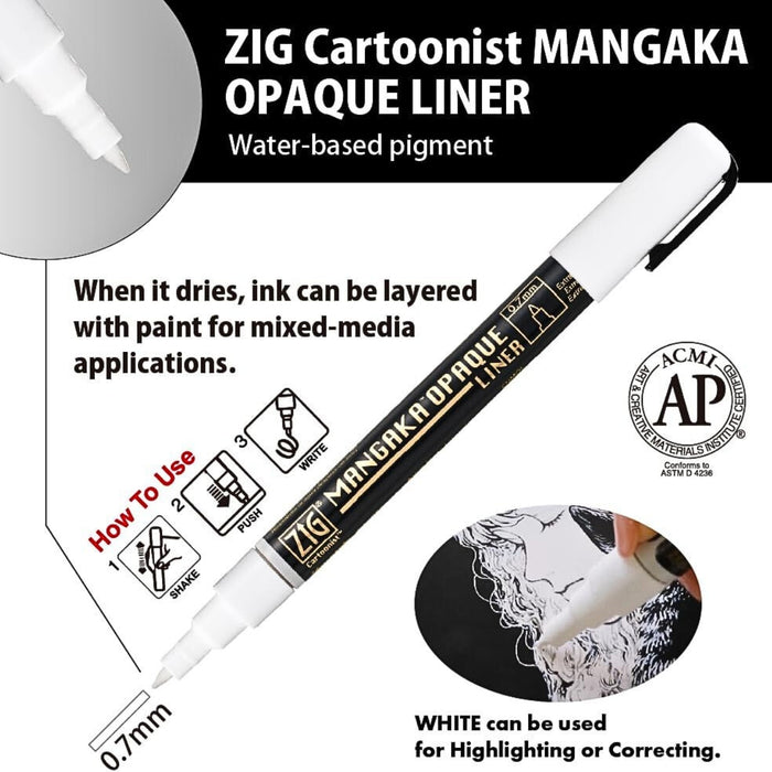 Product information card for Kuretake ZIG Cartoonist Mangaka Opaque Liner 4 colour set.