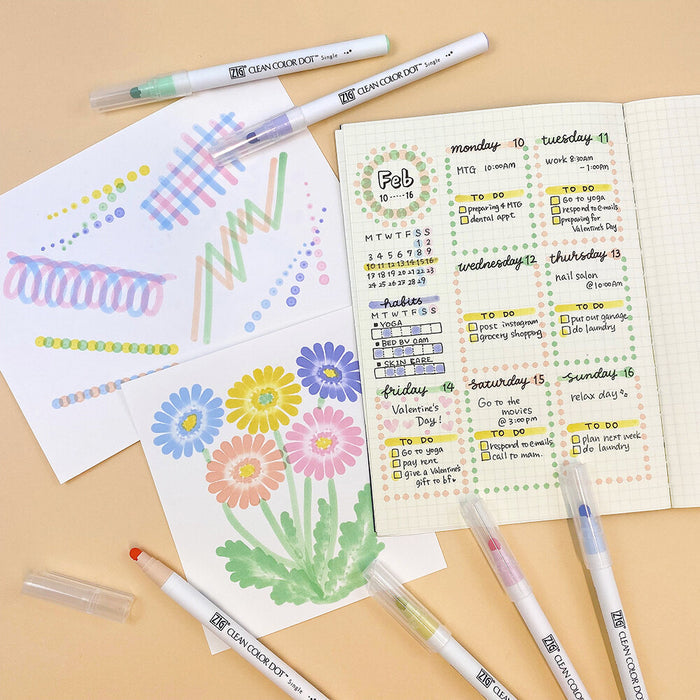 Kuretake ZIG Clean Color Dot Mild markers demonstrating dot marks in gentle shades.