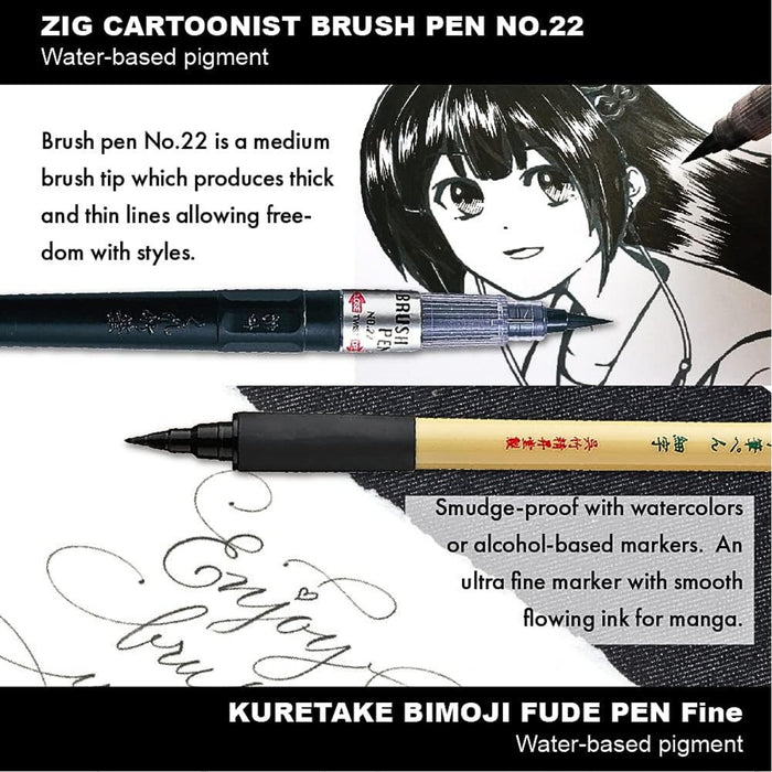 Kuretake ZIG Inktober Illustration Basic Set 2 Pen No.22 showing medium brush tip with manga illustration example.