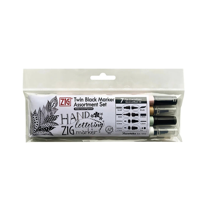 Kuretake ZIG Twin Black marker assortment set in clear retail packaging.