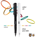 Promotional image of Lamy Safari Multicolour Special Edition Fountain Pen Set in all white and all black with colourful bands.