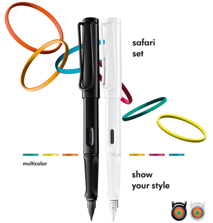 Promotional image of Lamy Safari Multicolour Special Edition Fountain Pen Set in all white and all black with colourful bands.