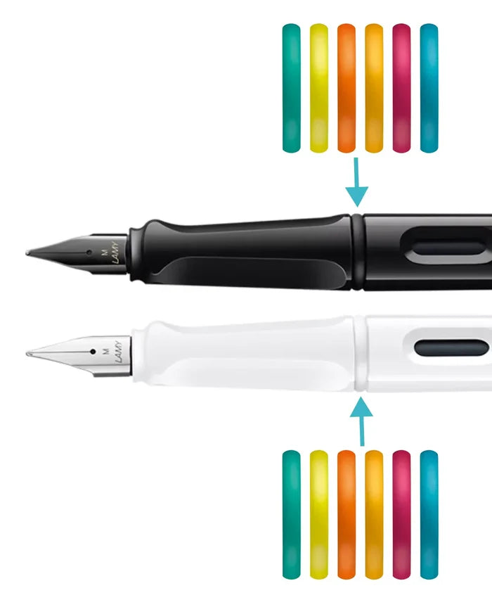 Close-up of Lamy Safari Special Edition fountain pen nibs in black and white with multicolour ink lines.