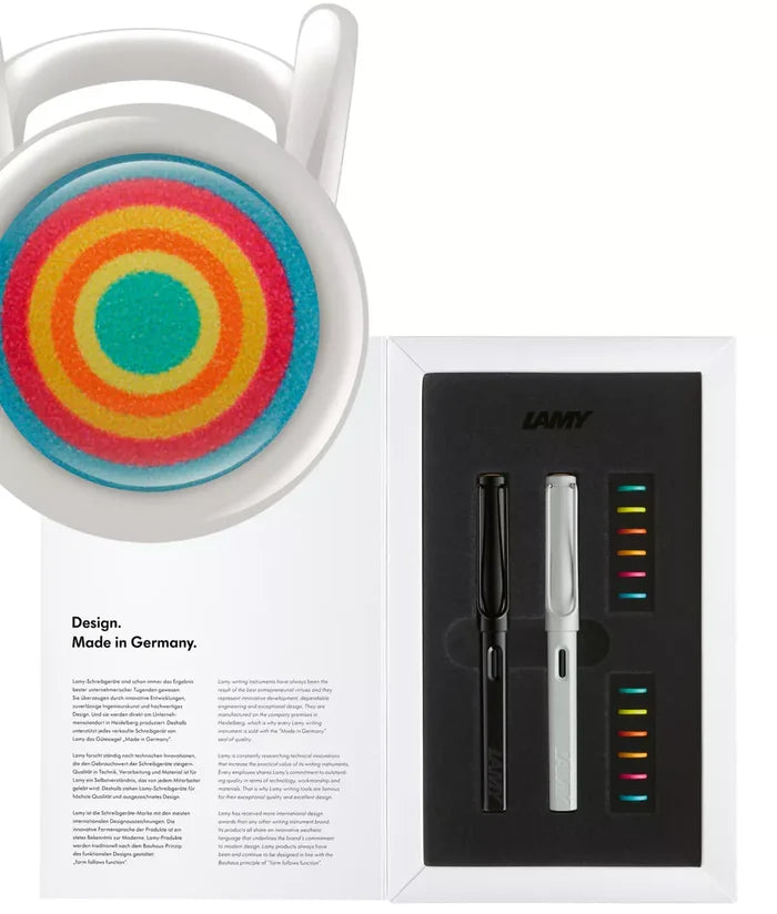 Lamy Safari Multicolour Special Edition Fountain Pen Set in gift box with colourful circular display.