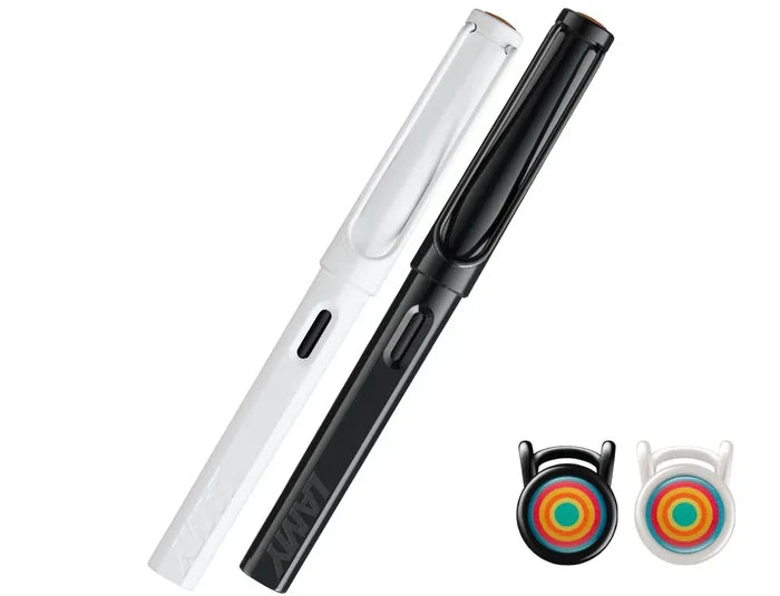 LAMY Safari Multicolour Special Edition Fountain Pen Set – All White & All Black, shown from the front.