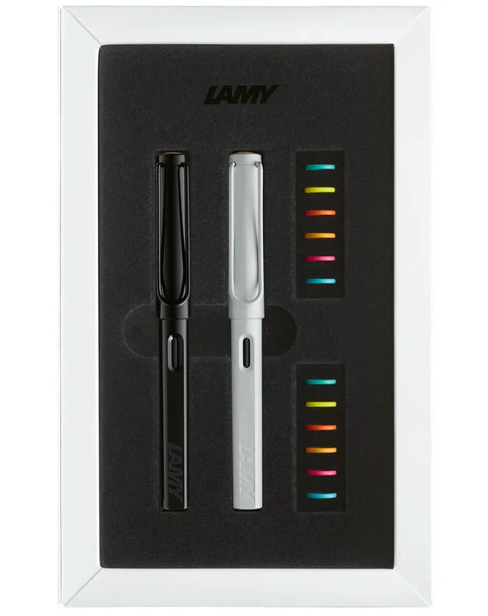 LAMY Safari Multicolour Special Edition Fountain Pen Set – All White & All Black, shown from another angle.