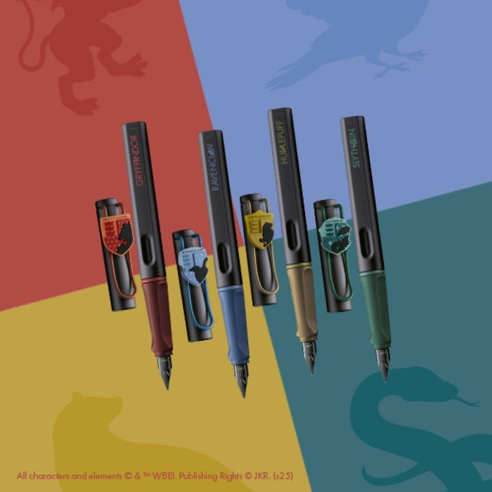 The Journal Shop - Diagonal arrangement of the four Lamy Safari Harry Potter pens with matching House emblems in the background.