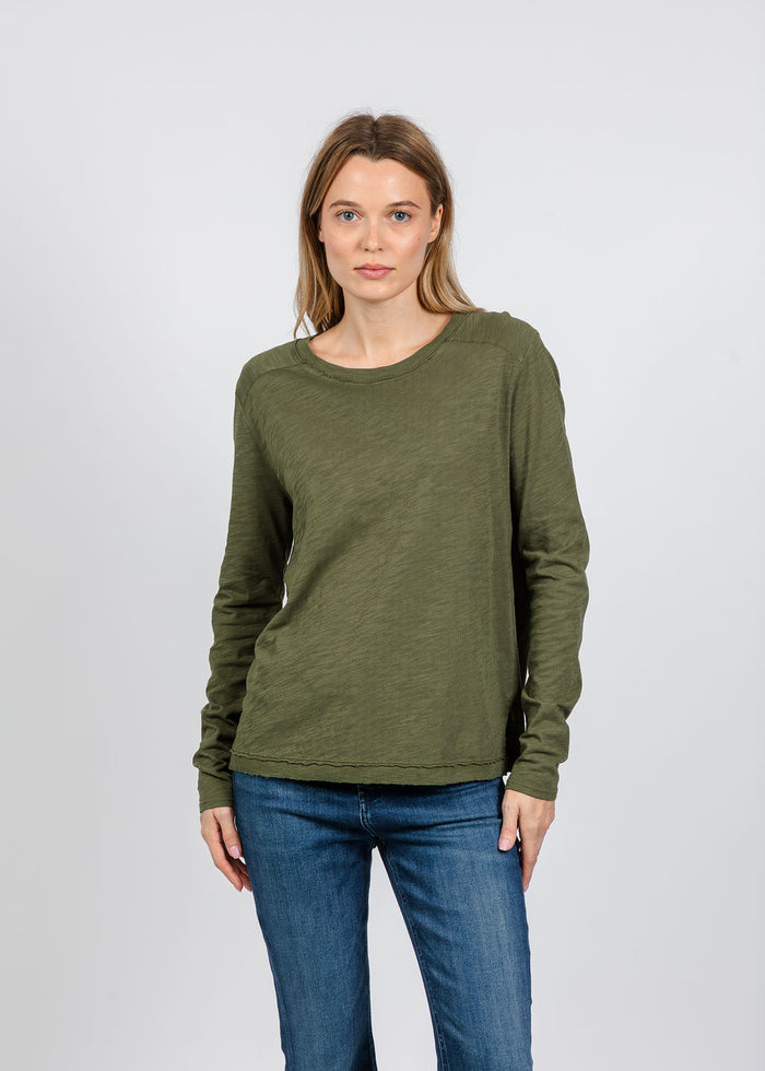 Elliott Lauren Lenny Long Sleeve Rib Trim Tee in Olive available at Barbara Katz
