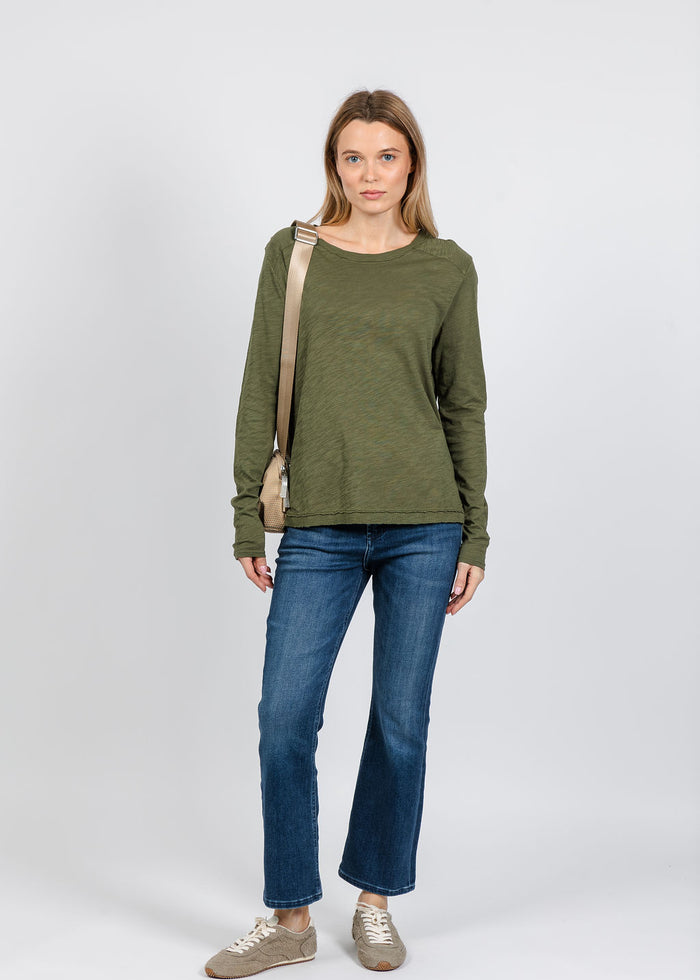Elliott Lauren Lenny Long Sleeve Rib Trim Tee in Olive available at Barbara Katz