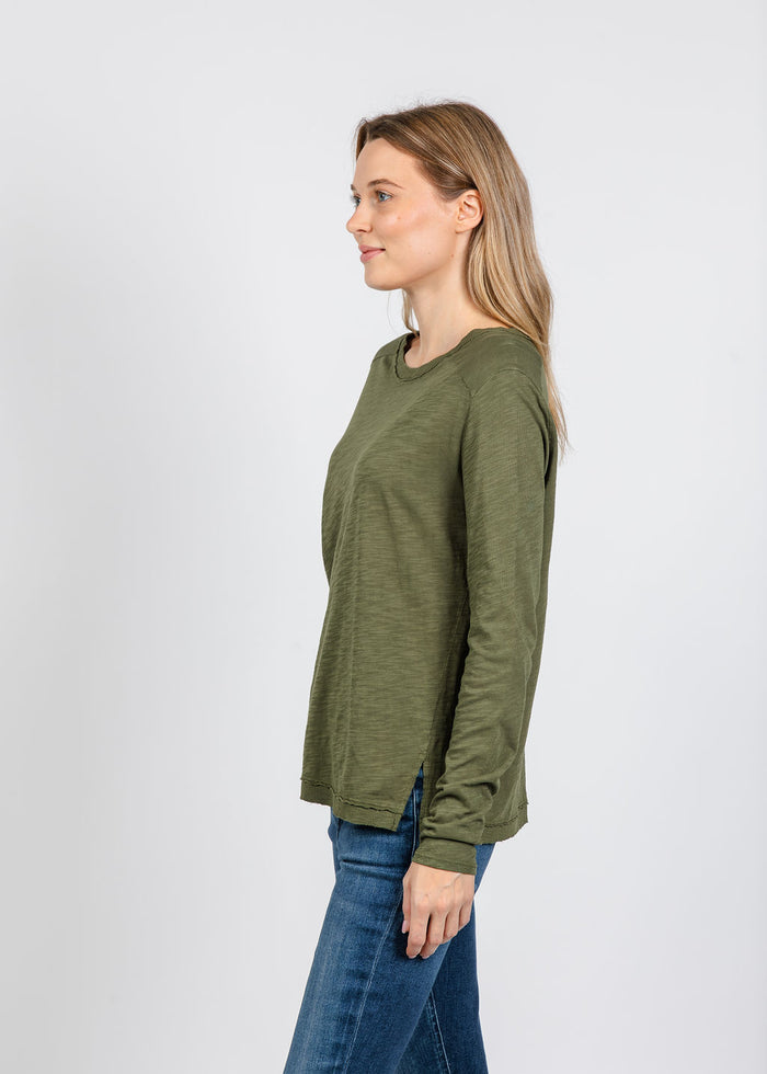Elliott Lauren Lenny Long Sleeve Rib Trim Tee in Olive available at Barbara Katz