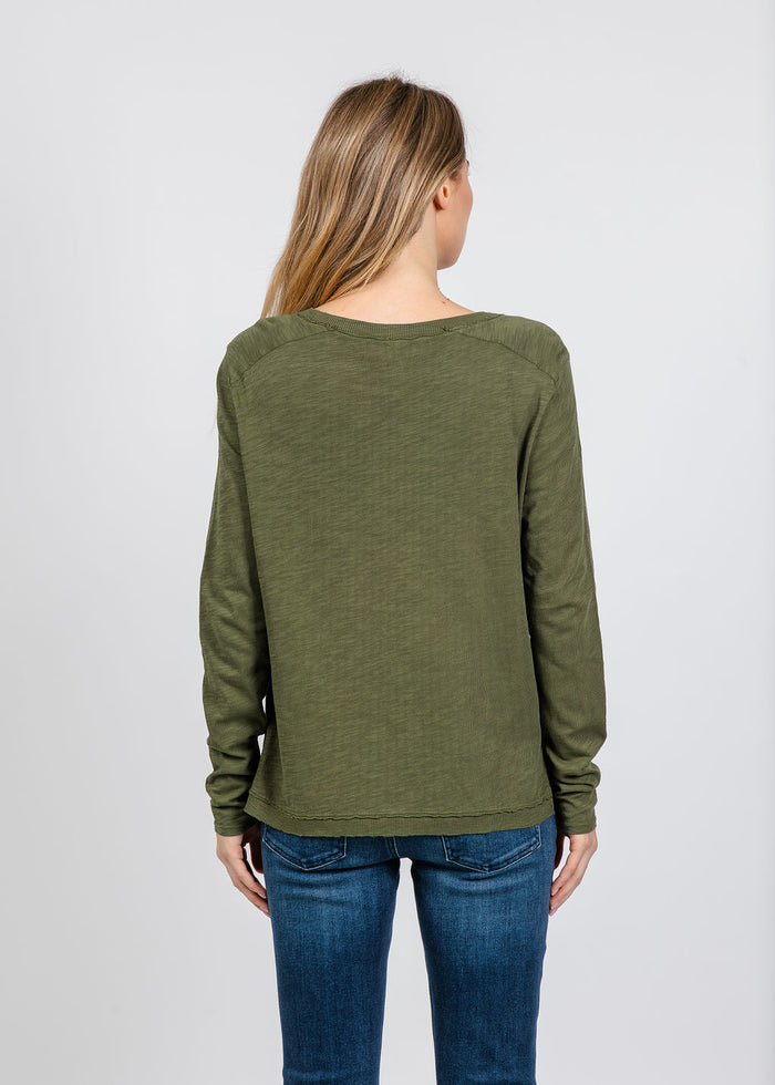 Elliott Lauren Lenny Long Sleeve Rib Trim Tee in Olive available at Barbara Katz