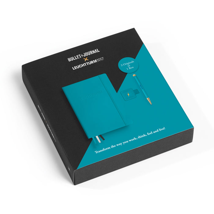 Leuchtturm1917 Bullet Journal Gift Set in Turquoise25 shown in its presentation box with notebook and accessories.