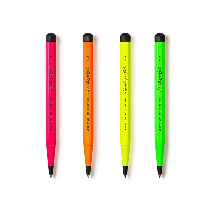 four Leuchtturm1917 Drehgriffel Nr. 1 Luminous Edition ballpoint pens in neon colours.